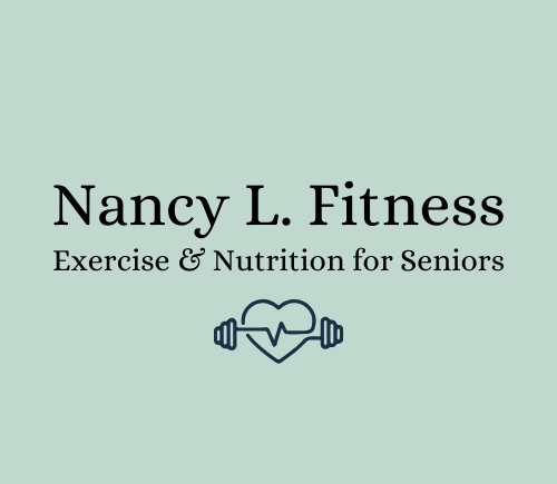 light green square logo with black text that reads Nancy L fitness Exercise & Nutrition for seniors