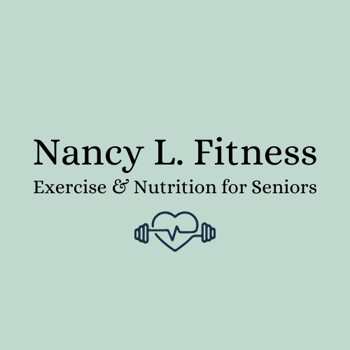 light green square logo with black text that reads Nancy L fitness Exercise & Nutrition for seniors