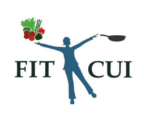 woman figure balancing on one leg with outstretched arms holding a cooking pan and produce