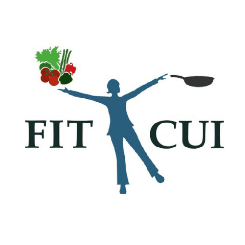 woman figure balancing on one leg with outstretched arms holding a cooking pan and produce